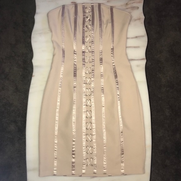 ONE LEFT! Nude Premium Boned Lace Up Bodycon Dress - Picture 6 of 8